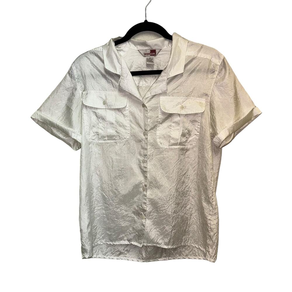 Vintage Satin Blouse Size 10 White Short Sleeve Button Front‎ Y2K Office Chic